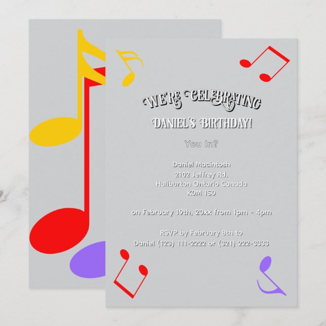 Birthday Music Notes Invitation Einladung (Vorne/Hinten)
