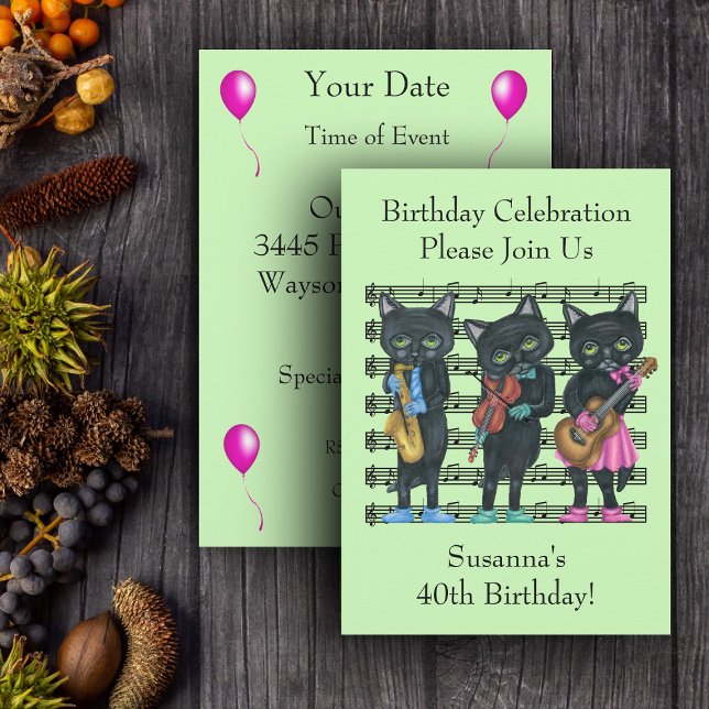 Birthday Musiker Black Cats Sheet Music Green Einladung (Three black Cat musicians playing instruments sheet music on light green Birthday party invitations.)