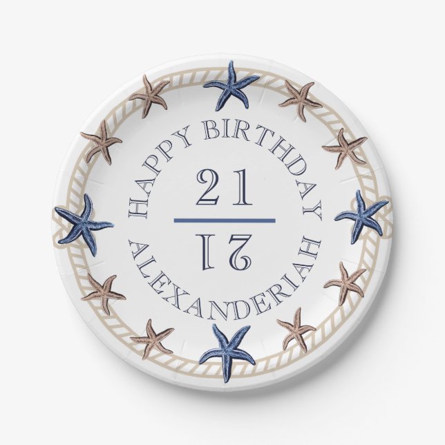 Birthday Nauavy Blue White Tan Starfish Pappteller (Vorderseite)