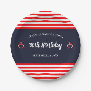 Birthday Nautical Marine Navy Blaue weiße Streifen Pappteller