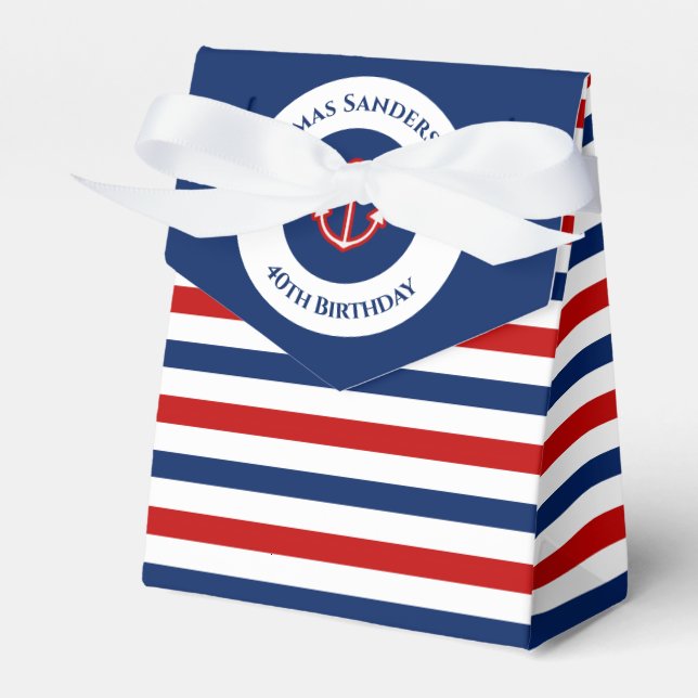 Birthday Nautical Marine Red Anchor Stripes Geschenkschachtel (Vorderseite)