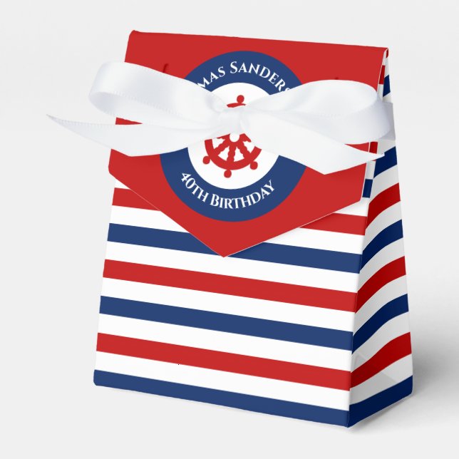 Birthday Nautical Marine Red Rudder White Stripes Geschenkschachtel (Vorderseite)