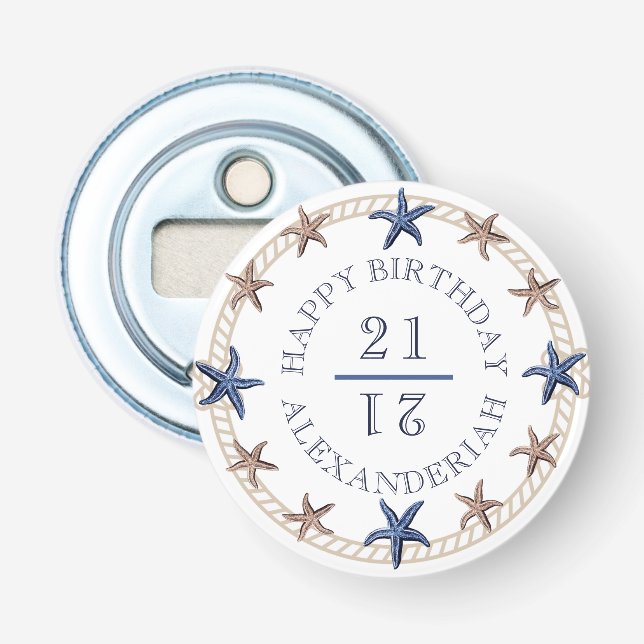 Birthday Nautical Navy Blue White Tan Starfish Ro Flaschenöffner (Vorderseite)