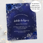 Birthday navin blauen Blumen Silber Einladung<br><div class="desc">Marineblau,  mit Imitaten verziert,  silberner Glitzer,  Glitzern und blauen Blumen. Die blaue Farbe ist ungleichmäßig. Personalisieren und fügen Sie einen Namen und Party-Details hinzu. 1 Blatt = 1 Einladung mit Druckkante bis zur Kante</div>