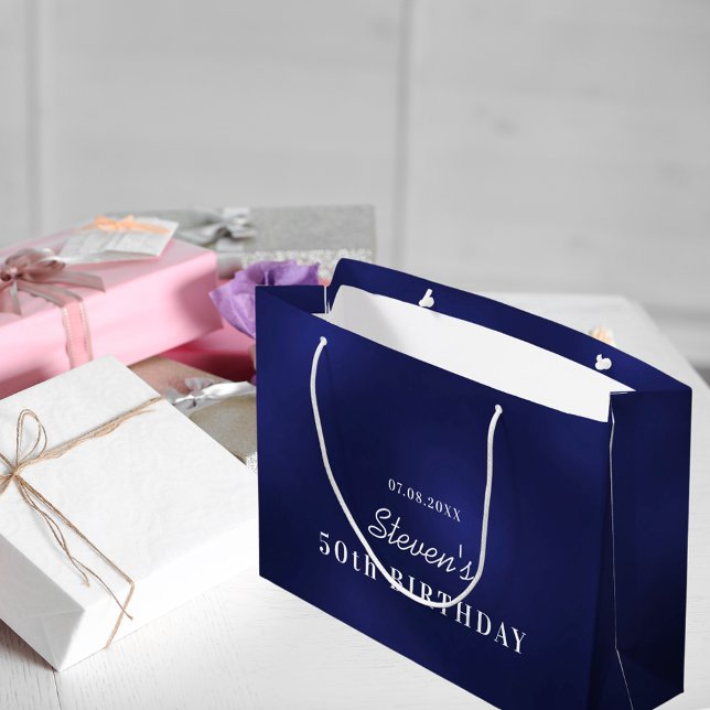 Birthday navin blauen Monogramm modern Große Geschenktüte (Von Creator hochgeladen)