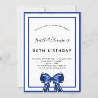 Birthday navin blue white elegante bow script