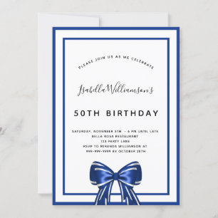 Birthday navin blue white elegante bow script einladung