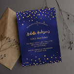 Birthday navy blauen goldenen Herzen elegant Drehb Einladungspostkarte<br><div class="desc">Marineblau mit goldenen Herzen dekoriert. Die blaue Farbe ist ungleichmäßig. Personalisieren Sie Ihren Namen und Ihre Party-Daten und fügen Sie diese hinzu.</div>