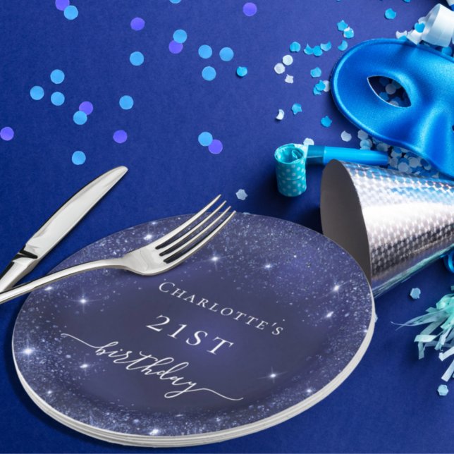 Birthday navy blue glitter dust monogram pappteller (Von Creator hochgeladen)