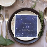 Birthday navy blue glitter name glamorous serviette<br><div class="desc">A napkin for a girly and glamorous 21st (or any age) birthday party.  A navy blue background with elegant faux glitter dust. The blue color is uneven.  Personalize and add a name and age 21.  White letters.</div>