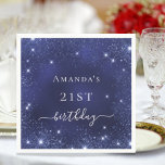 Birthday navy blue glitter name glamorous serviette<br><div class="desc">A napkin for a girly and glamorous 21st (or any age) birthday party.  A navy blue background with elegant faux glitter dust. The blue color is uneven.  Personalize and add a name and age 21.  White letters.</div>