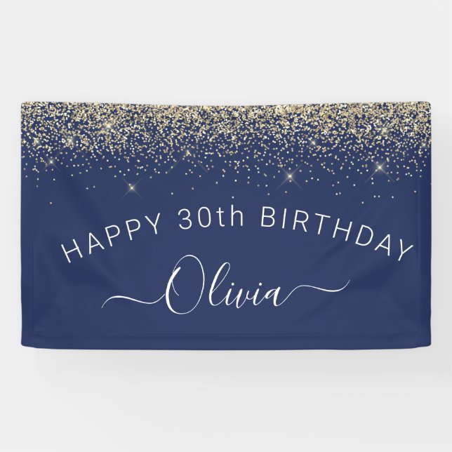 Birthday Navy Blue Gold jedes Alters Glitzer Girl Banner (Horizontal)