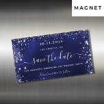 Birthday navy blue silver save the date magnet<br><div class="desc">A trendy Save the Date for a 21st (or any age) birthday party. A navy blue uneven colored background. Decorated with faux silver glitter sparkles. The text: Save the Date is written with a large trendy hand lettered style script.</div>