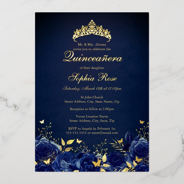 Birthday Navy Floral Butterfly Tiara Quinceanera Folieneinladung (Vorderseite)