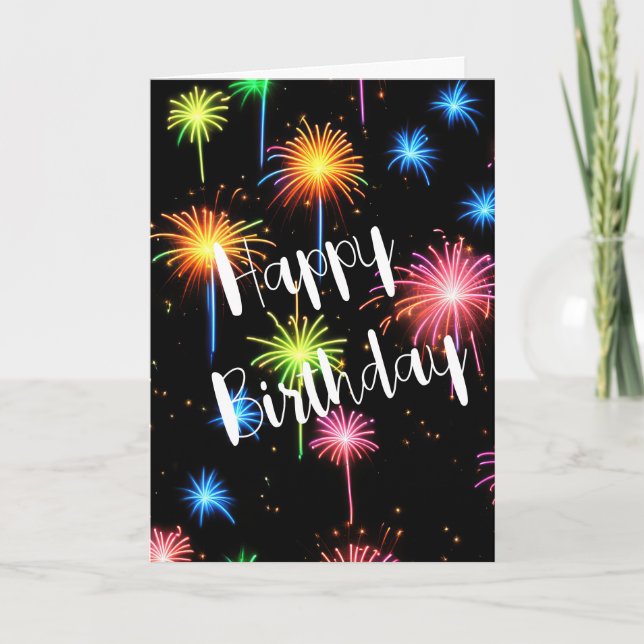 Birthday Neon Feuerwerk auf schwarz Karte (Vorderseite)