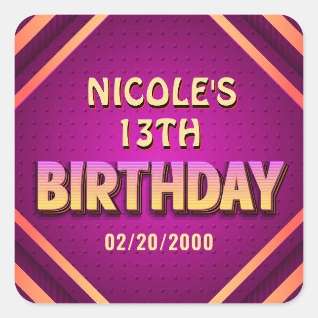 Birthday Neon Quadratischer Aufkleber (Vorderseite)