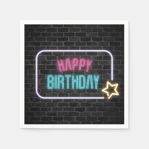Birthday Neon Sign On Brick Wall Napkins Serviette