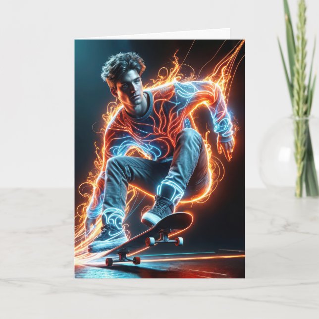 Birthday Neon Skateboarder auf Black Karte (Vorderseite)
