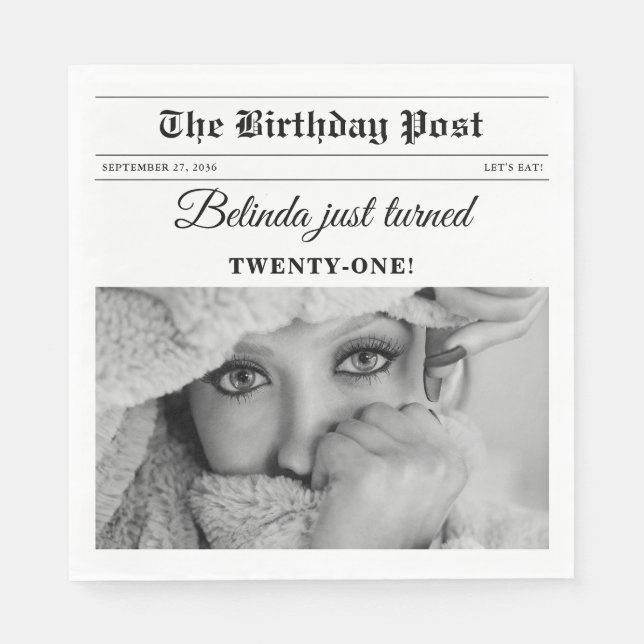Birthday Newspapier Spaß Schwarz & Weiß Foto Serviette (Vorderseite)