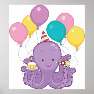 Birthday Octopus mit Balloons und Cupcake Poster