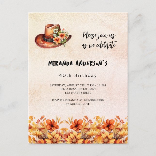Birthday Orange Blume boho cowgirl Hut Einladungspostkarte (Vorderseite)