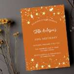 Birthday orange golden stars modern luxuriös einladung<br><div class="desc">Ein verbrannter,  orangefarbener Hintergrund mit goldenen Sternen. Personalisieren und fügen Sie einen Namen und Party-Details hinzu. Der Name wird mit einem handgeschriebenen Stilskript geschrieben,  mit weißen,  farbigen Buchstaben.</div>