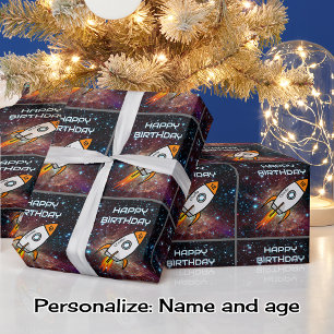 Birthday Orange Rakete individuelle Name und Alter Geschenkpapier