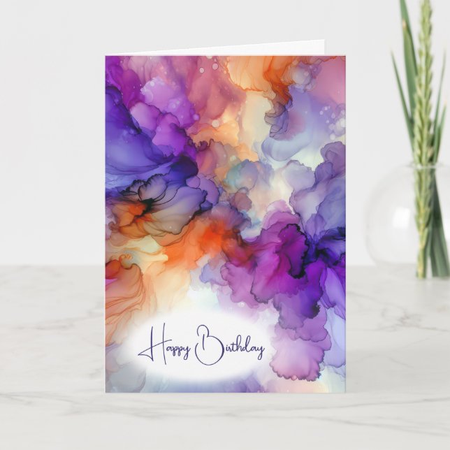 Birthday Orange und Lila Alkoholtinte Abstrakt Karte (Vorderseite)