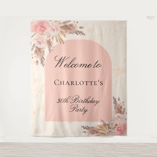 Birthday Pampas Gras Rose Goldene Rose willkommen Wandteppich (Vorderseite)