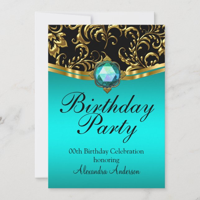 Birthday Party Aquamarin Blue Black Gold Damask Einladung (Vorderseite)