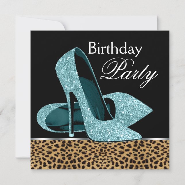 Birthday Party aquamarin Blue Leopard High Heels Einladung (Vorderseite)