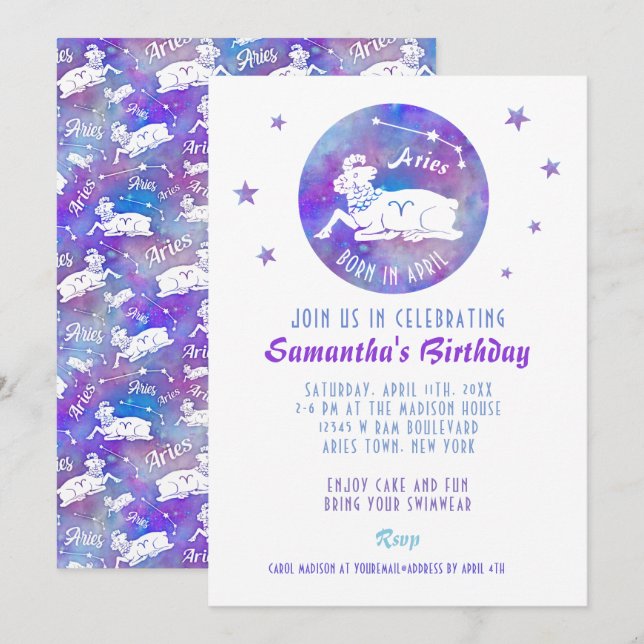 Birthday Party Aries Ram Constellation Stars Einladung (Vorne/Hinten)