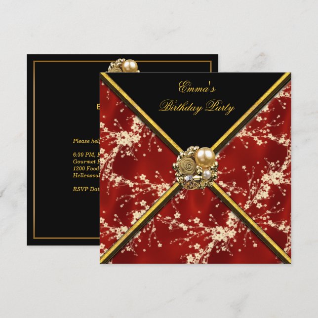 Birthday Party Asian Red Gold Black Blossom Einladung (Vorne/Hinten)