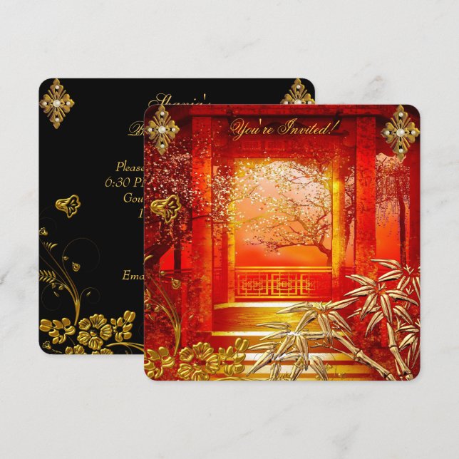 Birthday Party Asian View Gold Bamboo Red Einladung (Vorne/Hinten)