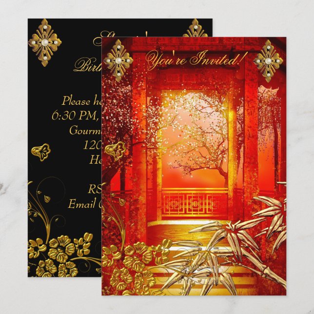 Birthday Party Asian View Gold Bamboo Red Einladung (Vorne/Hinten)
