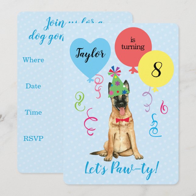 Birthday Party Ballons Belgisch Malinois Einladung (Vorne/Hinten)