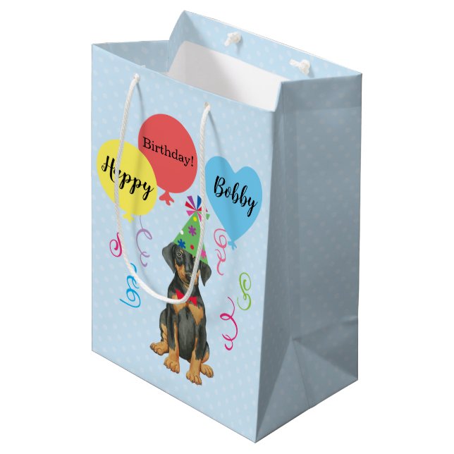 Birthday Party Ballons Doberman Medium Geschenktas Mittlere Geschenktüte (Vorderseite Schrägansicht)