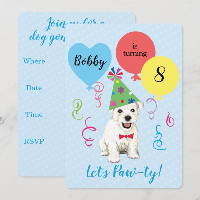 Birthday Party Ballons Westie Einladung (Vorne/Hinten)