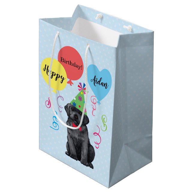 Birthday Party Balloons Black Lab Mittlere Geschenktüte (Vorderseite Schrägansicht)