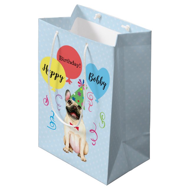 Birthday Party Balloons French Bulldog Mittlere Geschenktüte (Vorderseite Schrägansicht)