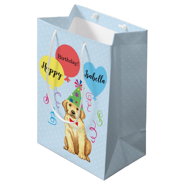 Birthday Party Balloons Gelbe Labrador Mittlere Geschenktüte (Vorderseite Schrägansicht)