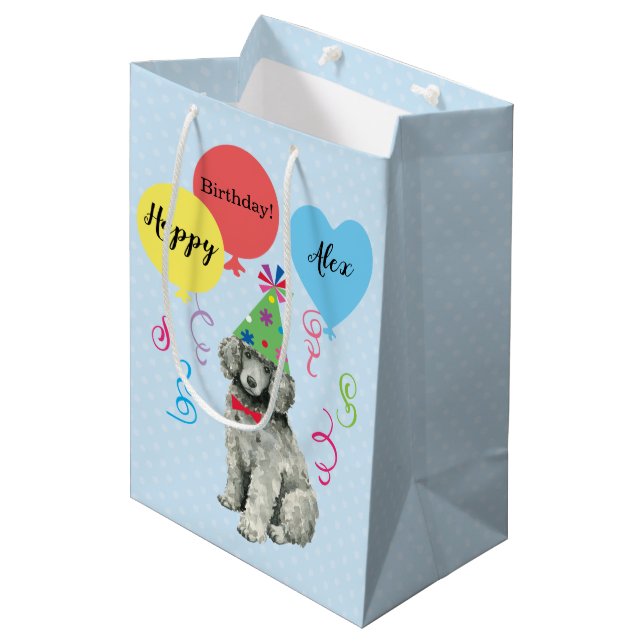 Birthday Party Balloons Poodle Mittlere Geschenktüte (Vorderseite Schrägansicht)