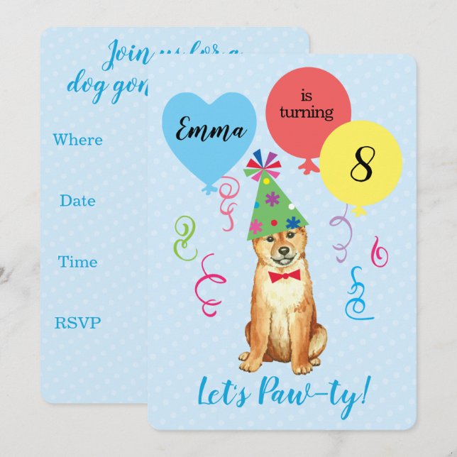 Birthday Party Balloons Shiba Inu Einladung (Vorne/Hinten)
