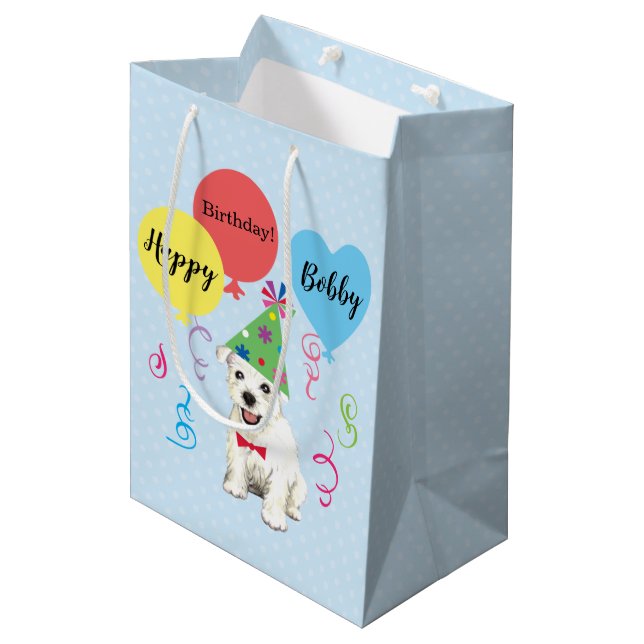 Birthday Party Balloons Westie Medium Geschenktasc Mittlere Geschenktüte (Vorderseite Schrägansicht)