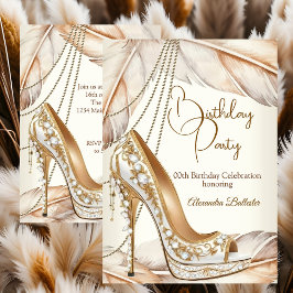 Birthday Party Beige Cream Gold Heel Stiletto Shoe Einladung