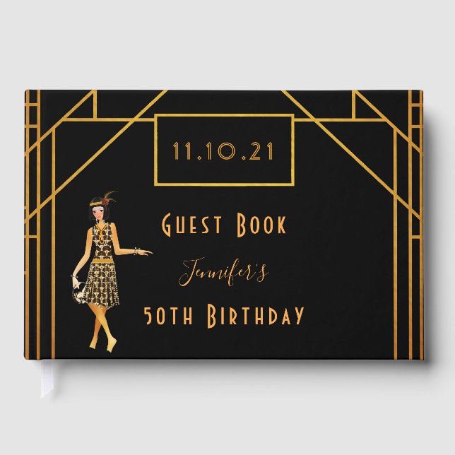 Birthday Party Black Gold 1920er Kunst Deko Gästebuch (Vorderseite)