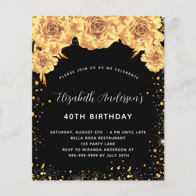 Birthday Party Black Gold Blumenbudget Einladung Flyer (Vorne)