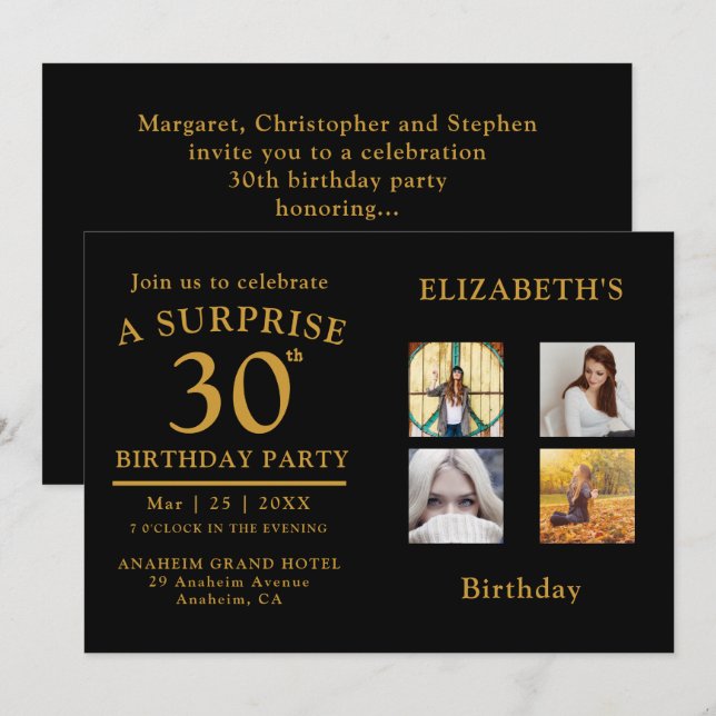 Birthday Party Black Gold Foto Collage Einladung (Vorne/Hinten)