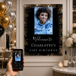 Birthday party black gold glitter photo welcome poster<br><div class="desc">A welcome board for a 21st (or any age) birthday party. Personalize and add a photo,  a name and age. A classic black background and faux gold glitter dust.
Back: no design.</div>