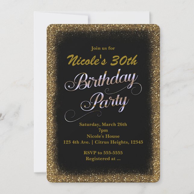 Birthday Party Black & Gold Glitzer Einladung (Vorderseite)